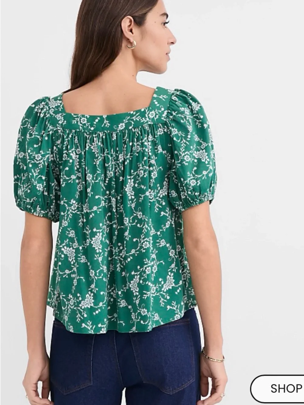 LOFT Green Floral Square-Neck Puff Sleeve Blouse